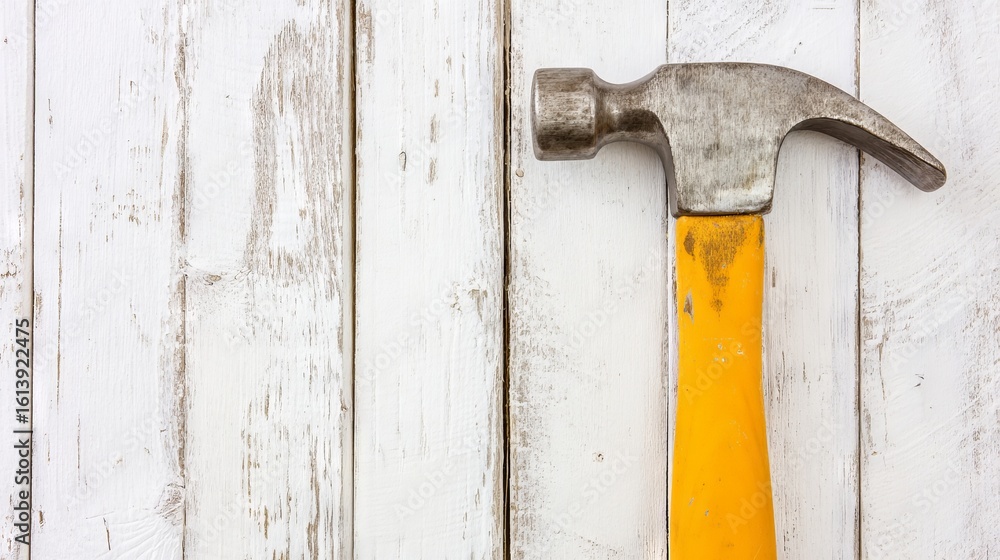 Poster hammer with a yellow handle resting on a rustic white wooden surface, showcasing the tool's design a