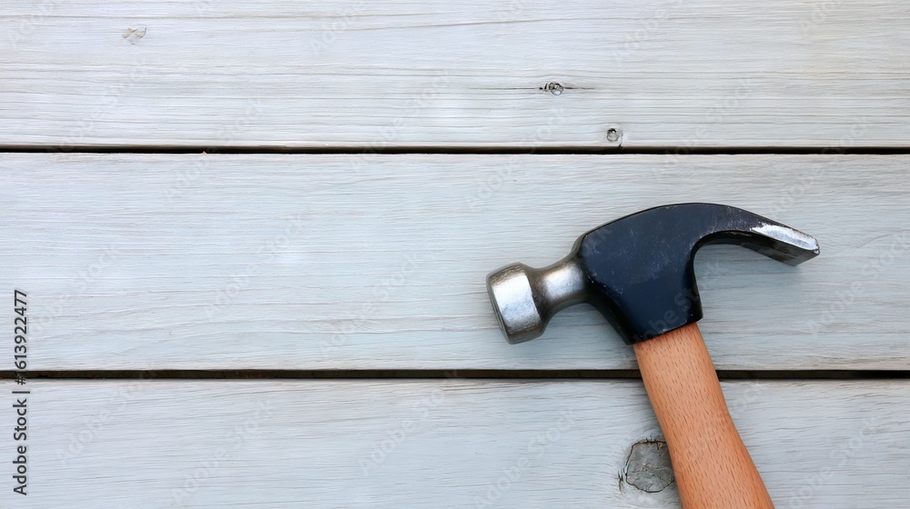 Poster close-up of a hammer resting on a wooden surface, showcasing the tool's design and craftsmanship, id