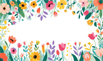 Obraz premium Modern vector illustration of a vibrant botanical border featuring various hand-drawn spring and summer flowers, full bloom (daisies, poppies, tulips, and more), leafy green plants, easily editable.