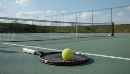 tennis court with tennis rackets and balls