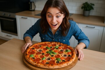 Young woman with an excited expression looking at a pepperoni pizza with fresh basil toppings