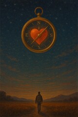 A lone person walks through a field towards distant mountains under a starry sky with a heart shaped compass overhead