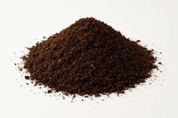 A small pile of dark brown soil and organic matter on a white background