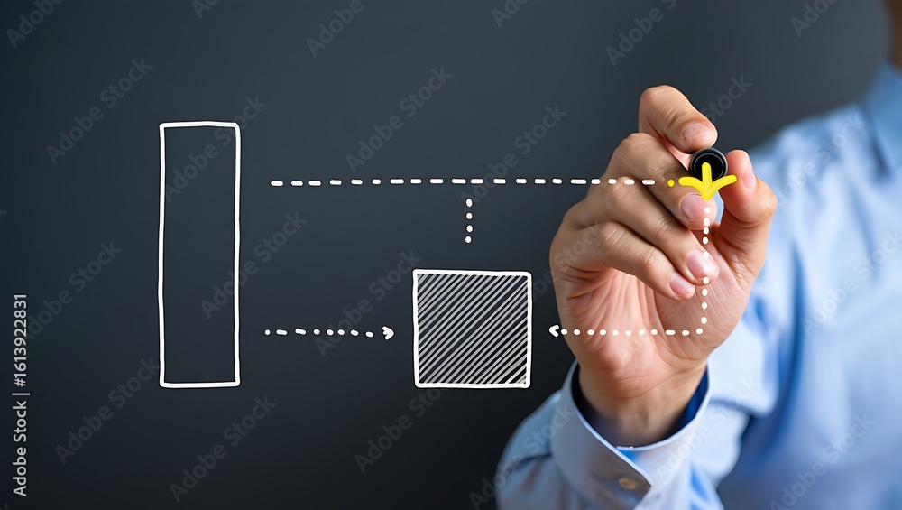 Poster close up of a businessman s hand drawing a bar chart and trend line on a dark background with a mark