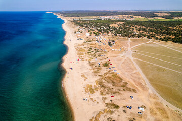 Enez Beach in Gulf of Saros (Saros Bay). Aerial view of sea. Tropical landscape with clear turquoise water.