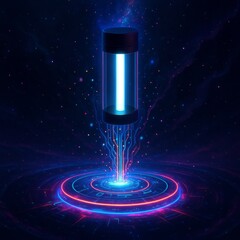 Futuristic glowing cylindrical device emitting bright neon light on a circular energy platform with cosmic background