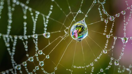 Dewdrop prism on intricate spiderweb reflecting vibrant colors