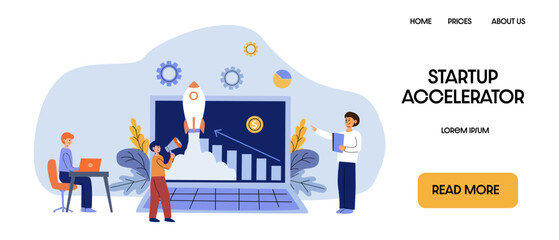 Startup launch and acceleration - business team with laptop, rocket, profit chart and megaphone. Flat illustration of teamwork and business growth.