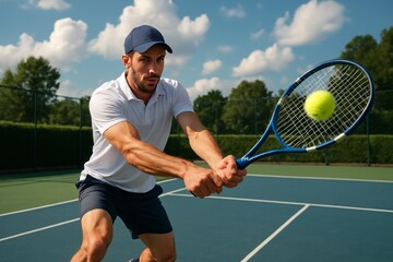 Athletic man with baseball cap hitting tennis ball on court with racket