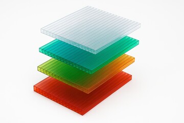 Stacked translucent polycarbonate sheets in various colors clear teal green orange red