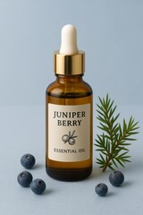 Amber glass dropper bottle labeled Juniper Berry Essential Oil with berries and foliage