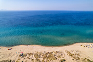 Enez Beach in Gulf of Saros (Saros Bay). Aerial view of sea. Tropical landscape with clear turquoise water.