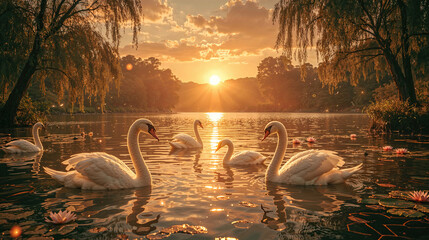 Two swans gracefully swimming on a tranquil lake at sunset, embodying romance and serenity among water lilies, while warm hues of orange and yellow fill the sky