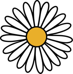 A simple daisy illustration showcases a minimalist design with white petals outlined in black and a vibrant yellow center, perfect for nature-themed projects and creative designs.
