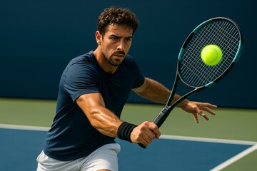 Man playing tennis with a racket hitting a bright yellow ball during a match