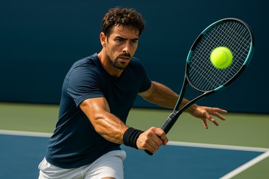 Man playing tennis with a racket hitting a bright yellow ball during a match