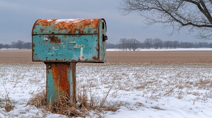 Rusty mailbox in a snowy field