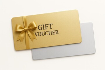 Elegant gold gift voucher with satin ribbon bow overlaying a silver card
