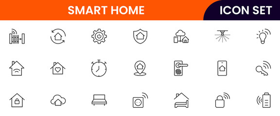 Smart home vector line icons featuring thermostats, motion detectors, cameras, alarms, automation, lighting, temperature control, connectivity, and energy efficiency.