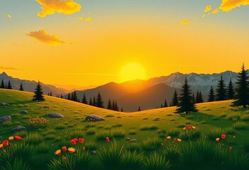 Stunning cartoon sunset over alpine meadow, orange and yellow sky, simple flat vector illustration,  design,  bright