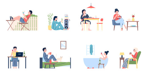 Leisure time with drinks. Old and young people drinking at home and outside, in garden, in bed or bathtub. Day evening rest and relaxation, recent vector scenes