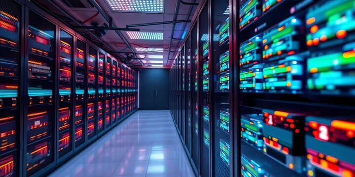 Abstract data storage system, server room, indexed files, computer, data center