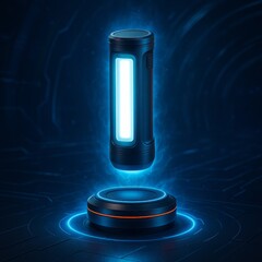 Futuristic glowing cylindrical device hovering above a circular luminous platform against a dark background