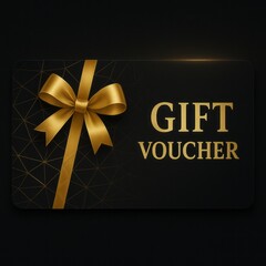 Luxurious black gift voucher with golden ribbon and geometric pattern gift card