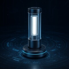 Futuristic cylindrical device with glowing light on a digital interface background