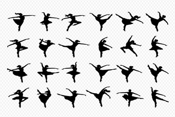 Fototapeta premium A collection of ballerina silhouettes in various dance poses, showcasing movement and elegance against a transparent background.