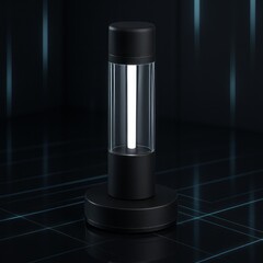 Sleek modern cylinder lamp with bright LED light in a dark reflective space