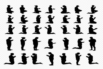 Collection of diverse people kneeling in prayer, depicted as black silhouettes.