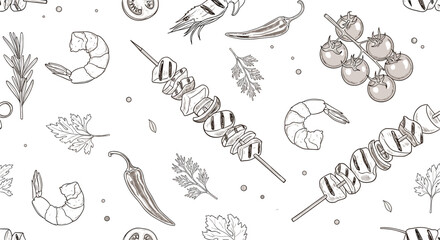 Hand drawn sketch style delicacies featuring delicious seafood and fresh produce on a clean white background