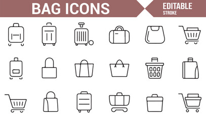Fototapeta premium Icon Collection for Luggage, Bags, and Travel Accessories in Minimalist Style