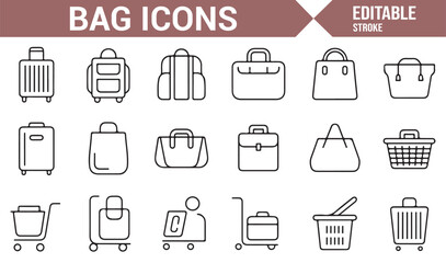 Set of Bag Icons Including Travel Bags, Suitcases, and Shopping Baskets for Digital Use