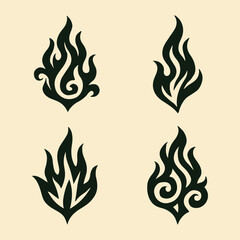 Vector set of hot fire flames with tribal and floral design elements, perfect for tattoos or decorative art illustrations