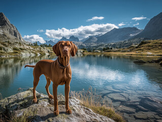 Beautiful Vizsla dog standing on a rock by a serene mountain lake with clear blue water and majestic peaks in the background