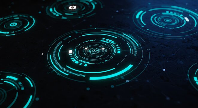 Futuristic Teal HUD Interface with Concentric Circles and Data Visualization on Dark Background