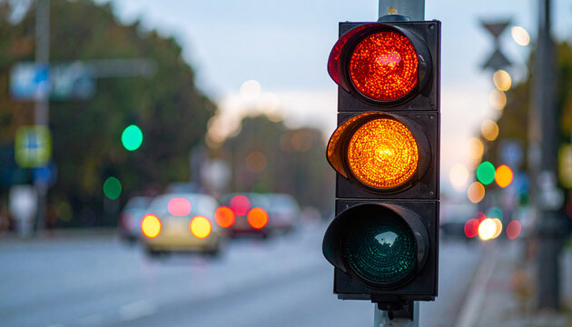 Traffic light and blurred street road on backdrop. Transport, travel, destination, stop concept.