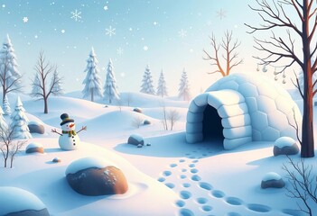 A whimsical winter scene featuring varied snowdrifts, icicles, a snowman, and an igloo, rendered in realistic vector style,  igloo,  artwork