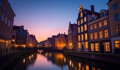 Fototapeta premium A beautiful evening scene along a canal, with charming historical buildings lining the water