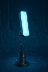 Minimalist black desk lamp with glowing blue light on circuit board background