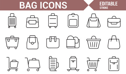 Vector Icons Representing Bags, Backpacks, and Suitcases for Web and App Design