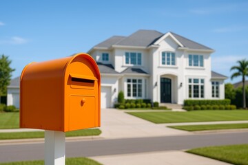 Bright orange mailbox stands in front of a large white modern house on a sunny day