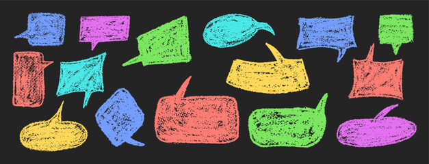 Vector set of quirky colorful speech bubbles and clouds on black bg. Wax and charcoal squiggle style on blackboard background, perfect for school or kindergarten collage or fun bw designs.