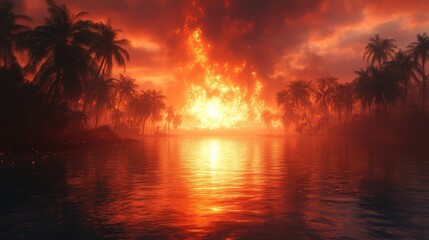 A landscape of 10,000 BC featuring volcanoes with lava, either active or dormant. Erupting lava and ash, with lava rocks and lifeforms underwater. Game background landscape