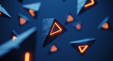Glowing Triangular Objects Falling in Dark Blue Space