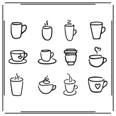Coffee Cup Line Art Set - Simple Black and White Mug Illustrations, Hot Drink Sketches, Minimalist Coffee Icons, Cup Symbols for Design and Branding