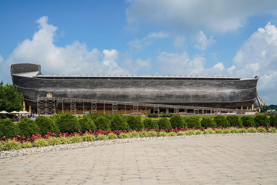Wiliamstown, Kentucky, USA - July 10, 2025 Ark Enounter. Life-Sized Noah's Ark. Beautiful landscaping in front of the large Ark. Outdoor, sunny day.