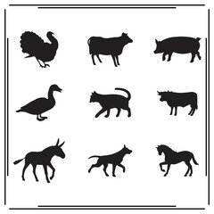 Silhouettes of Farm Animals: Peacock, Cow, Pig, Duck, Cat, Donkey, Dog, Horse Icons - Black and White Vector Illustrations for Agricultural, Nature, and Animal Themes